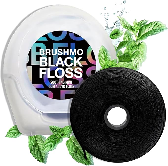 Brushmo Black Floss (BBFloss) - Expanding Floss, Gum-Friendly Soothing Mint Dental Floss, Natural Vegan Wax to Remove Plaque from Teeth, US-Dentist Designed PTFE & PFAS Free Oral Care, 1 Spool, 55 yd
