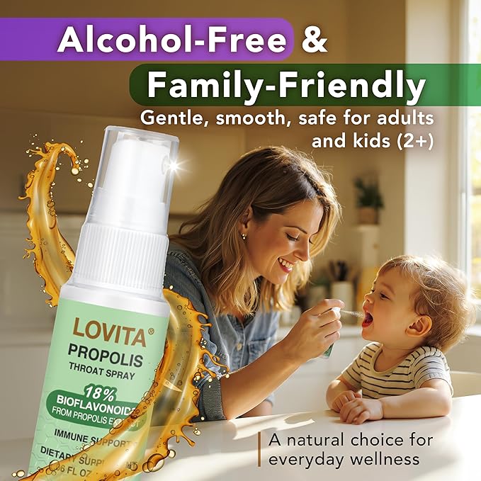 Lovita Bee Propolis Throat Spray, 18% Bioflavonoids, Alcohol-Free, Immune Support, Throat Soothing, Antioxidant, Gentle Taste, 1 Fl Oz (Pack of 3)