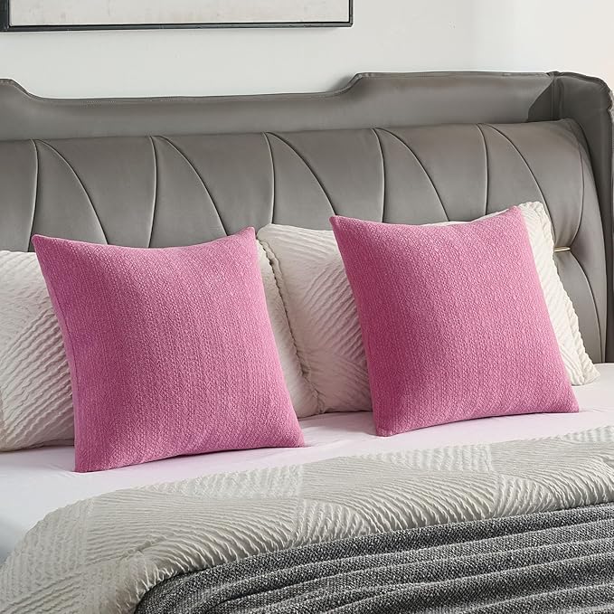 FUTEI Hot Pink Chenille Throw Pillow Covers 12x20 Inch Set of 2,Soft Striped & Diamond Textured Lumbar Pillow Cases,Modern Home Decor for Couch Living Room