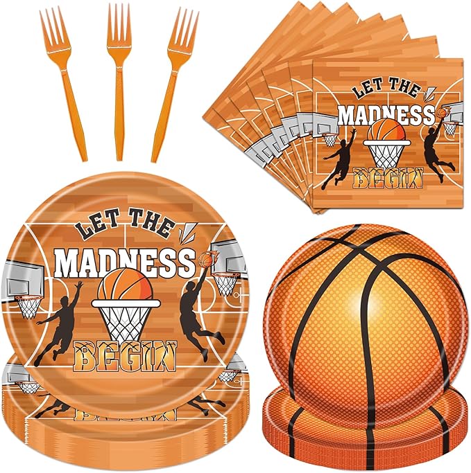 Rakuto March Basketball Party Decorations, 96PCS Let the Madnes Begin Disposable Paper Plates Napkins and Forks Party Decoration, Madnes Sports Theme Birthday Decor for Kids Boys Supplies Serve 24