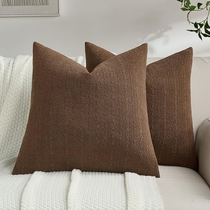FUTEI Dark Brown Chenille Throw Pillow Covers 18x18 Inch Set of 2,Soft Striped & Diamond Textured Cushion Cases,Modern Home Decor for Couch Living Room
