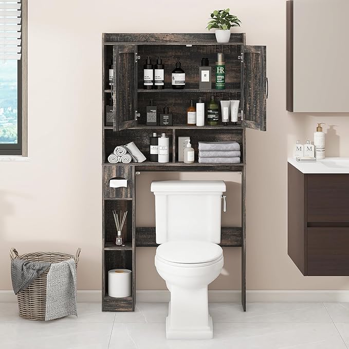 Over The Toilet Storage Cabinet, Farmhouse Storage Cabinet Over Toilet with 2 Barn Doors & Toilet Paper Holder Stand，Home Space-Saving Toilet Rack, for Bathroom, Restroom, Laundry