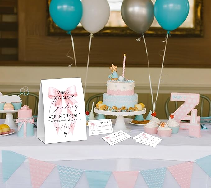 Pink Bow Guess How Many Candies Are In The Jar Game, Baby Shower Game, Include One 5×7 Sign and 50 Guessing Cards, Pink Coquette Bow Gender Reveal Party Decoration Supplies - FE17