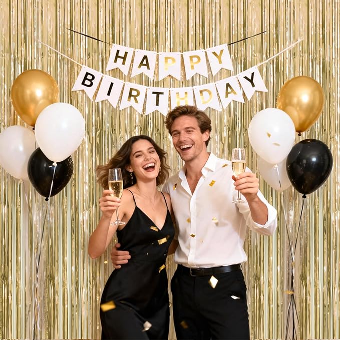 jijAcraft 3 Pack Champagne Gold Tinsel Foil Fringe Curtain, Light Gold Party Photo Backdrop for Bridal Showers Wedding Engagement Anniversary Birthday Graduation New Year’s Holidays Decorations