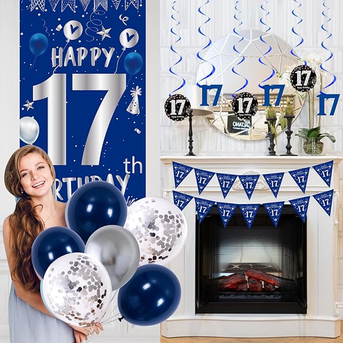 17th Birthday Decorations for Boys Girls, Blue Silver Happy 17th Birthday Party Decorations Supplies - 17th Birthday Backdrop Banner Tablecloth Triangle Flag Balloons for 17 Year Old Boy Party Decor
