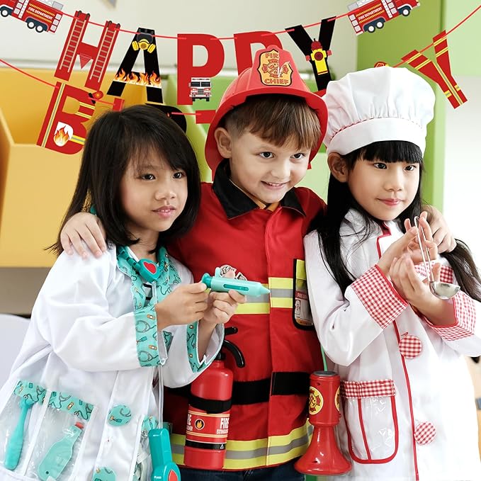 Fire Truck Happy Birthday Banner Sign, Fire Engine Rescue Birthday Bunting Banner Flag Garland for Kids Boys Fire Truck Party Carnival Party Decorations Supplies