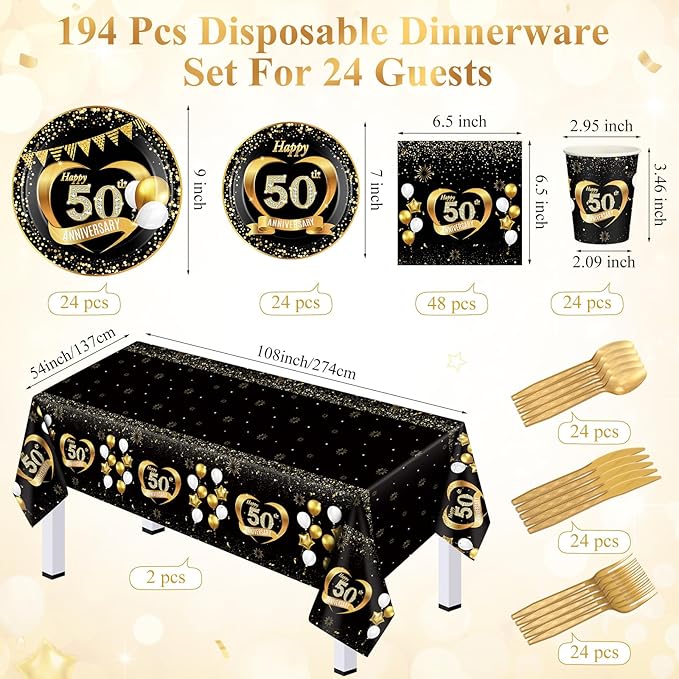 Pickmesh 194 Pcs Black Gold 50th Wedding Anniversary Party Decoration for 24, Happy 50th Anniversary Paper Plates and Napkins Cups Tablecloth Cutlery Set for Employee Career 50 Years Women Men