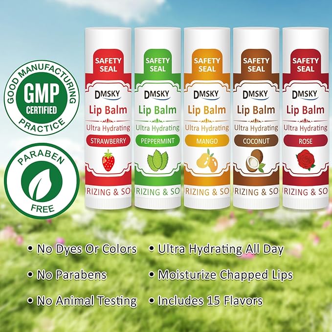 DMSKY 30 Pack Lip Balm, Natural Lip Balm Bulk with Vitamin E and Coconut Oil, Moisturizing Soothing Chapped Lips-15 Flavors