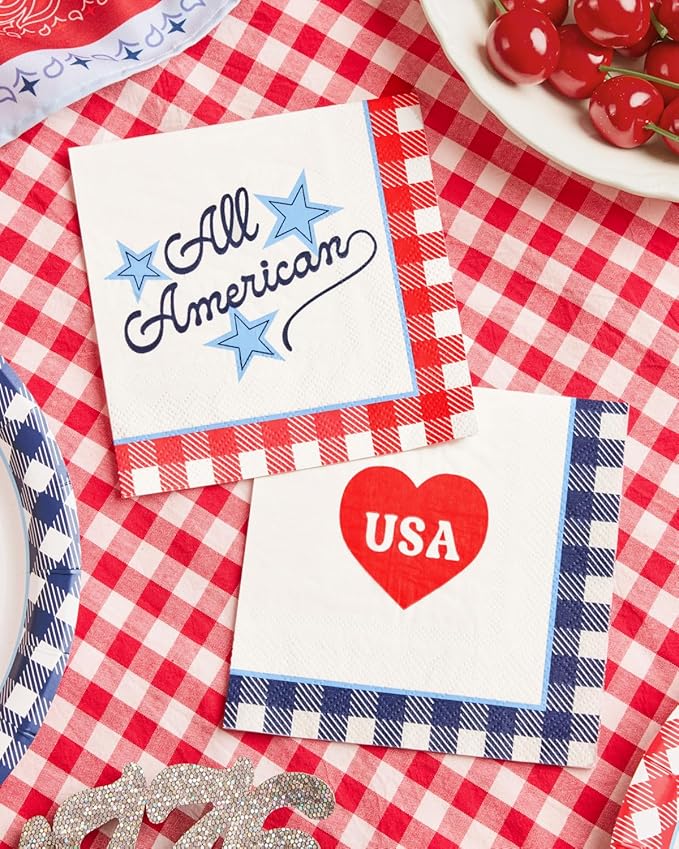 xo, Fetti All American Napkins - 24 Paper Napkins | 4th of July, Patriotic Party, USA Decor, Red White Blue, Americana, Independence Day, Summer BBQ