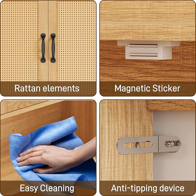 Vabches Farmhouse Style Rattan Over-The-Toilet Storage Cabinet with 2 Rattan Doors, Toilet Paper Holder - Space-Saving Oak Bathroom Organizer.