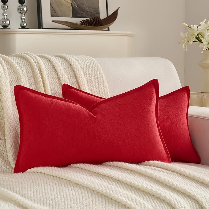 FUTEI Christmas Red Chenille Throw Pillow Covers 12x20 Inch Set of 2,Edges Double-Stitched Lumbar Pillow Cases,Modern Home Decor for Couch Living Room