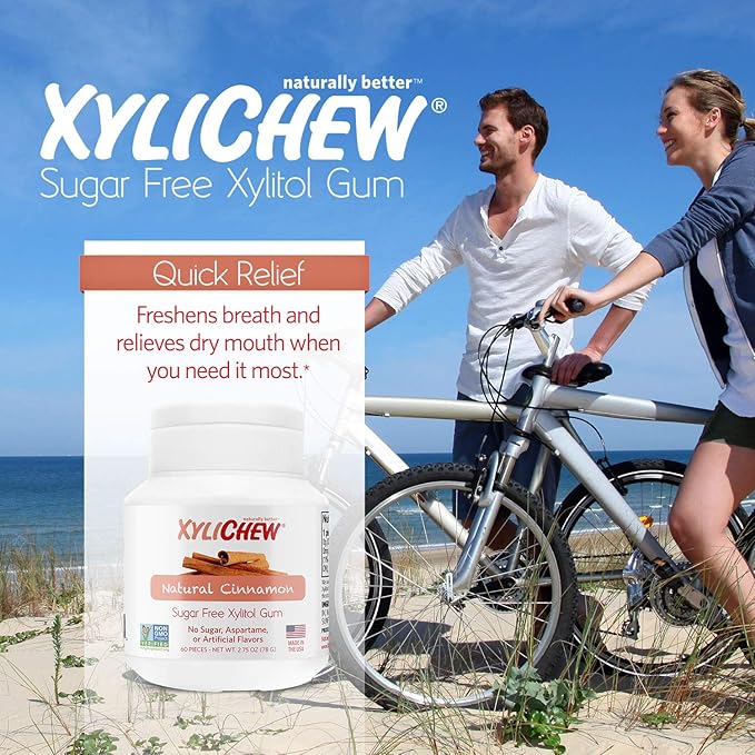 Xylichew 100% Xylitol Chewing Gum - Non GMO, Non Aspartame, Gluten Free, and Sugar Free Gum - Natural Oral Care, Relieves Bad Breath and Dry Mouth - Cinnamon, 60 Count