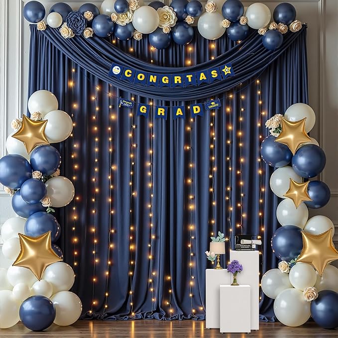 20 x 10ft Navy Blue Backdrop Curtains with Lights String Wrinkle Free Polyester Photo Backdrop Drapes Soft Fabric Curtains for Graduation Birthday Parties Wedding Shower Reception Events-5 x 10ft x 4P