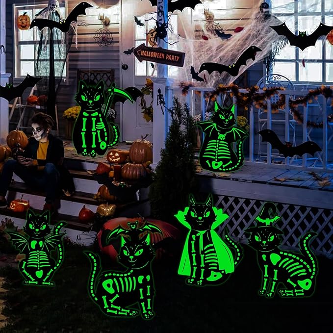 6Pcs Black Cat Halloween Decor Outdoor Glow in The Dark, 16.5”×12.6” Waterproof Spooky Graveyard Yard Stake, Scary Porch and Party Decoration, Light-Up Halloween Cat Sign
