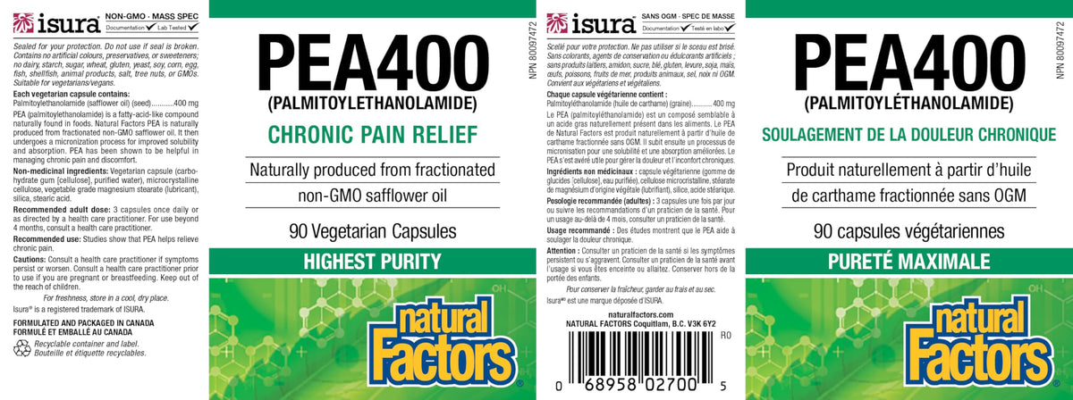 Natural Factors PEA400 - Pure Palmitoylethanolamide for Relief - Supports Nervous System & Occasional Discomfort - Non-GMO - 90 Capsules (90 Servings)