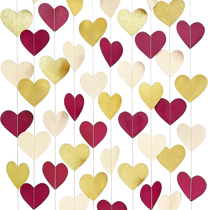 Maroon Gold Party Decorations Burgundy Beige Glitter Gold Paper Love Heart Hanging Banner Garland Streamer for Birthday Wedding Anniversary Engagement Valentines Day Graduation Garnet Party Supplies