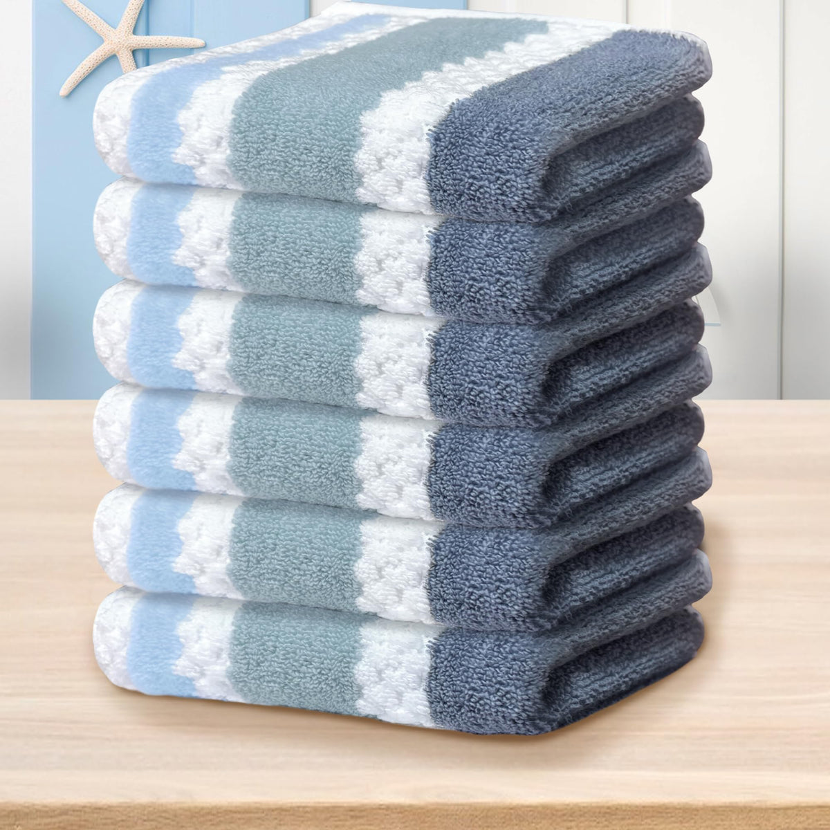 Waffle Washcloths for Bathroom, Wash Cloths 6 Pack 13"x13" - Cotton & Polyester | Quick Dry | Thick | Absorb, Decorative Soft Face Wash Cloths, Striped Face Towel Set, Blue-Gray and White Checkered