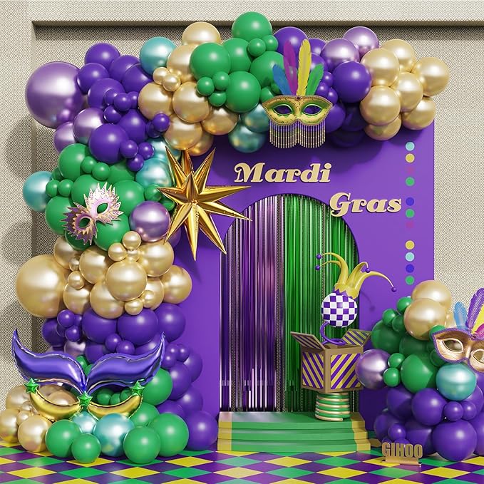 Mardi Gras Balloon Garland Arch Kit 170Pcs Purple Green and Gold Balloons with Mask Sign Foil Balloon for New Orleans Fat Tuesday Masquerade Party Decorations
