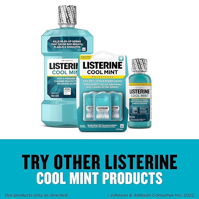 Listerine Cool Mint PocketPaks Portable Breath Strips for Bad Breath, Fresh Breath Strips to Kill 99% of Bad Breath Germs* On-The-Go, Cool Mint Flavor, 72 Per Pack (3x24) - (Pack of 6)