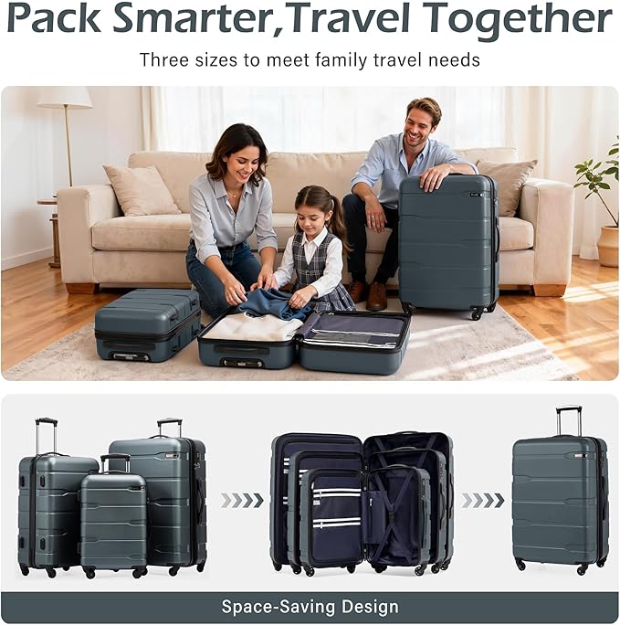 Coolife Luggage Set 3 Piece Hardside PC+ABS Suitcase with TSA Lock, Expandable Large Checked Luggage, Lightweight Rolling Carry On with Spinner Wheels(20/24/28 Inch, Teal)