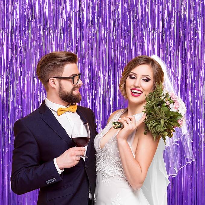 2Pack Purple Backdrop Metallic Tinsel Streamers Foil Fringe Backdrop Halloween Party Decorations Curtain Photo Booth Props Wedding Birthday Graduation Bachelorette Xmas New Year Party Decors