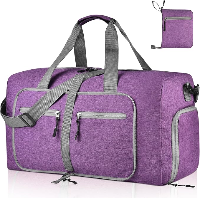 Dimayar 65L Travel Duffle Bag for Men Women - Foldable Duffel Bag with Shoes Compartment - Overnight Bags Waterproof & Tear Resistant(Purple)