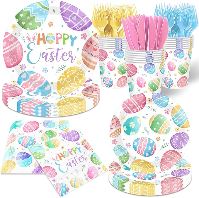 Easter Paper Plates and Napkins Sets, Easter Eggs Party Tableware include Watercolor Easter Egg Paper Plates and Napkins Disposable for Easer,Spring Themed Birthday Party Supplies,Serve 24