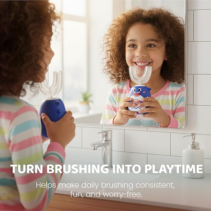 Well Before Kids U Shaped Electric Toothbrush with 5 Brush Heads, Ultrasonic, 5 Modes, IPX7 Waterproof Design (Shark, Grey Ages 2-7)