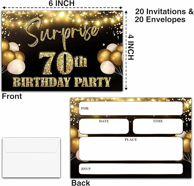 YSTEP 70th Birthday Party Invitations, 20 Black Gold Invite Cards with Envelopes, 4"x6" Foil Balloon Birthday Invites - B13