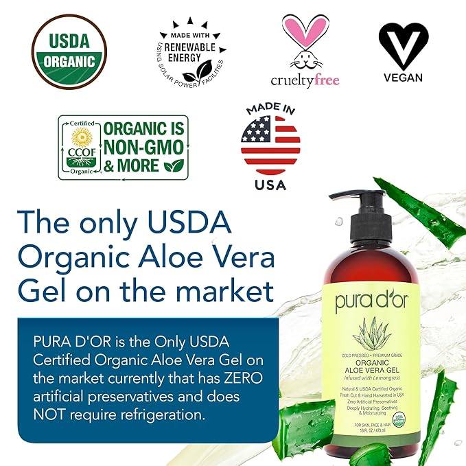 PURA D'OR 16 Oz ORGANIC Aloe Vera Gel - Lemongrass - All Natural - ZERO Artificial Preservatives - Deeply Hydrating & Moisturizing - Sunburn, Bug Bites, Rashes, Small Cuts, Eczema Relief - Skin & Hair