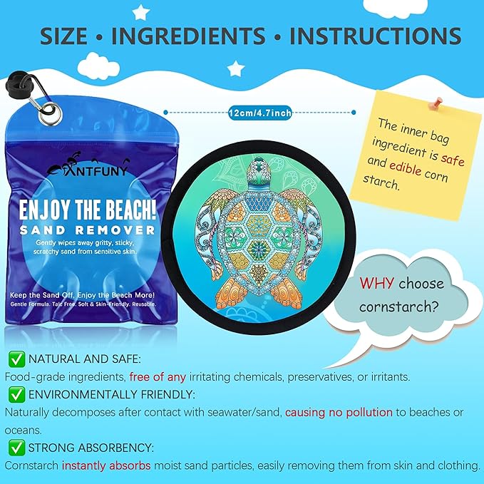 Sea Turtle Sand Remover for Beach Cleaner Eraser Family Women Wipe Off Mitt Duster Brush Cup Holder Game Toy Cruise Ship Accessories Summer Vacation Must Have Trip Essential Honeymoon Gift Towel
