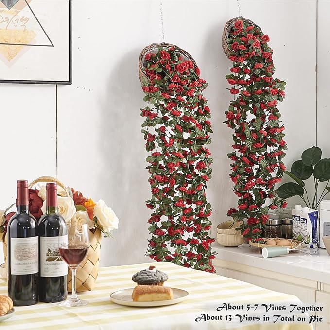 8 Pcs x 8.2 ft Flower Garland Artificial Rose Vine Flowers with Green Leaves Hanging Fake Roses Vine for Room Party Home Wedding Birthday Christmas Wall Arch Decor, Spring Red Flower