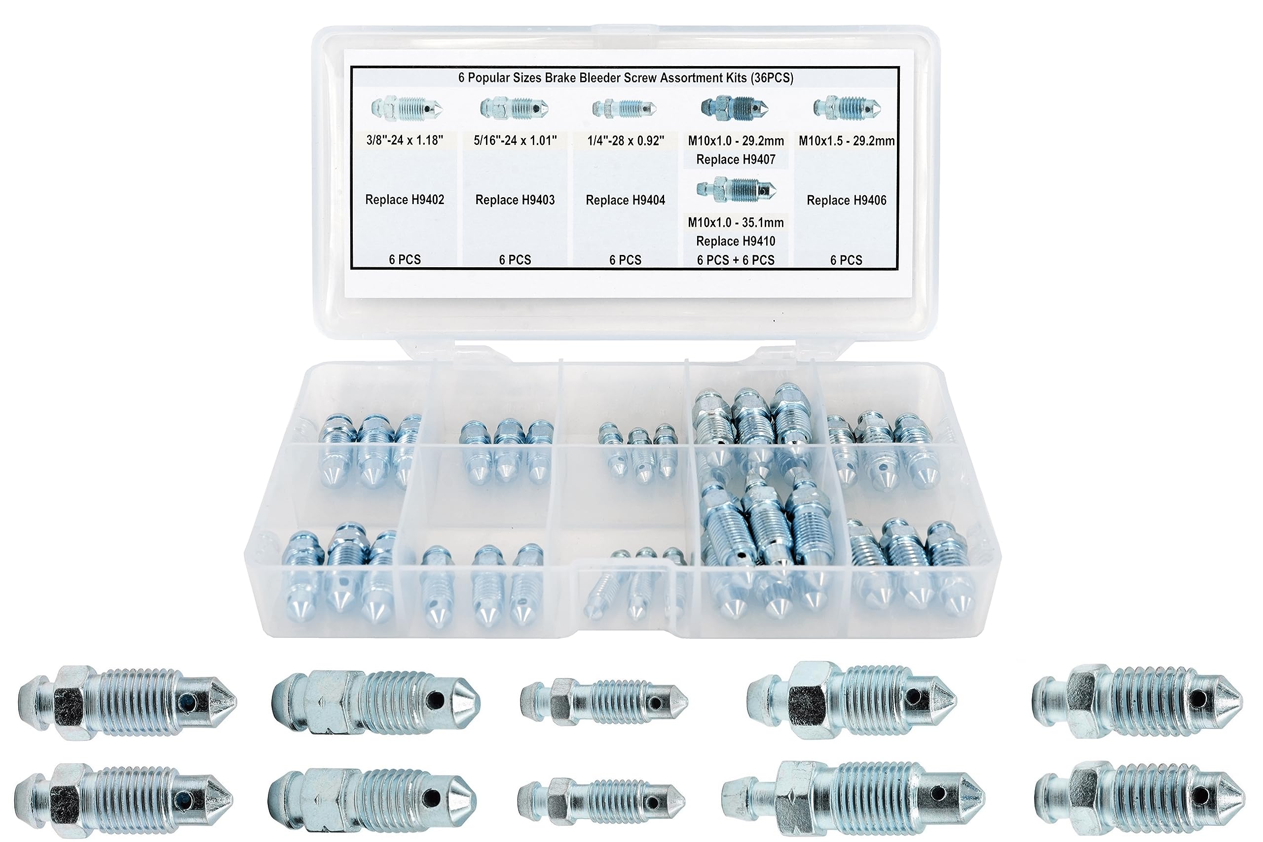 Dsnaduo 36 Pcs Bleeder Valve,Brake Bleeder Screw Assortment Kit Replace H9402-6, H9403-6, H9404-6, H9406-6, H9407-6, H9410-6