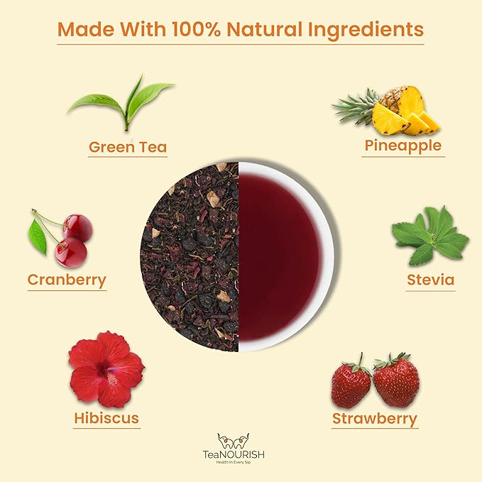 TeaNOURISH Berry Punch Green Tea | Zingy & Refreshing | Darjeeling Tea Loose | 100% Natural Fresh Berries & Hibiscus Flower | Brew Hot or Iced Tea - 3.53oz/100g