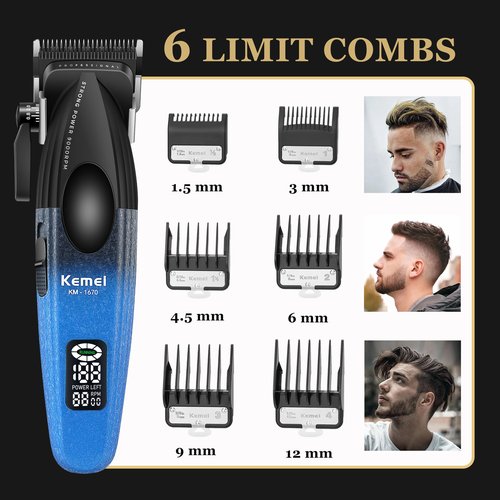 KEMEI 1670 Professional Hair Clippers for Men, Cordless Barber Clipper with LED Display, 9000 RPM Clippers for Hair Cutting with Charging Base