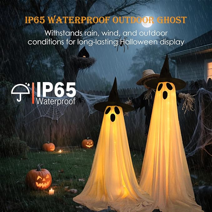 2 Packs Halloween Decorations Outdoor, Light Up Ghost Decorations with 8 Modes & Timer, Battery Operated Halloween Lights Spooky Ghost Decor for Front Porch Yard Lawn Haunted House Party Decor
