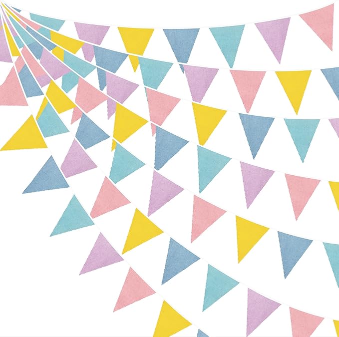 46Ft Pastel Party Decorations Macaron Burlap Banner Triangle Pennant Flag Macaron Linen Bunting Garland Streamers for Vintage Pastel Birthday Wedding Baby Shower Easter Spring Party Decorations