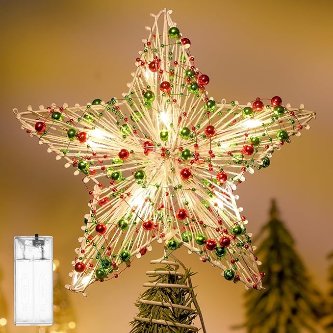 Christmas Star Tree Topper 8.3 Red Green Berries Decor 3D Star Treetop LED Lights Battery Powered Xmas Tree Ornament for Christmas Party Indoor Outdoor Home Decoration