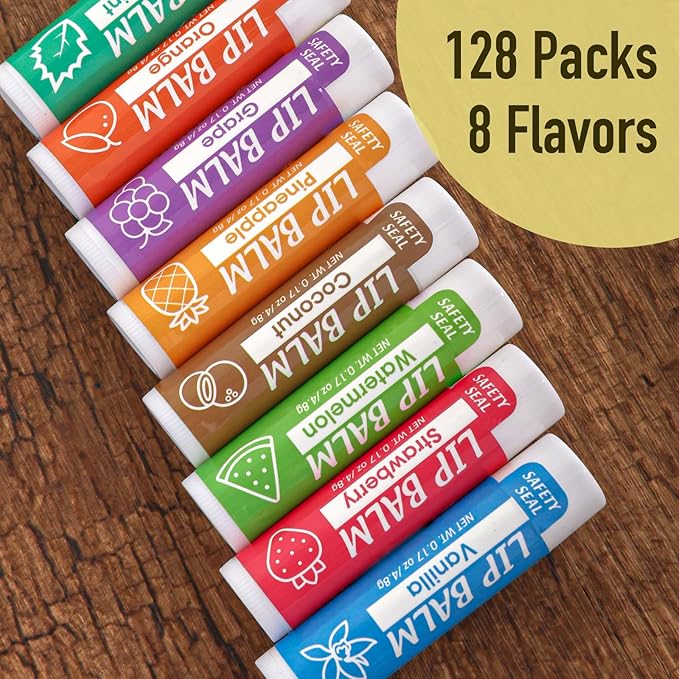 128 Pack Lip Balm, Natural Lip Balm Bulk with Vitamin E and Coconut Oil, Moisturizing Lip Balms for Dry Cracked Lips, Lip Balms for Stocking Stuffers - 8 Flavors