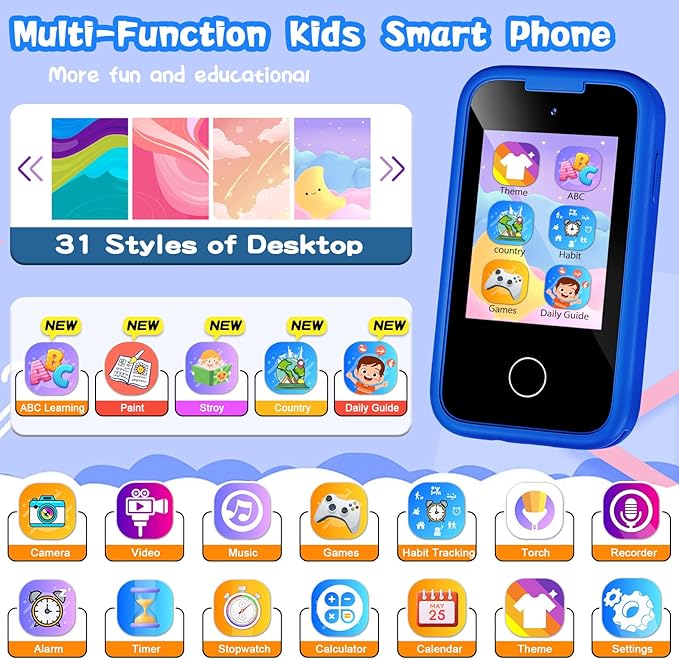Kids Phone Birthday Gifts Toy for 3 4 5 6 7 8 9 10 Year Old Girls Boy,Toddler Kid Smart Phone with Dinosaur Silicone Cover Educational Games,Music Player,Toys for Girls Boys Age 3-8(Blue)