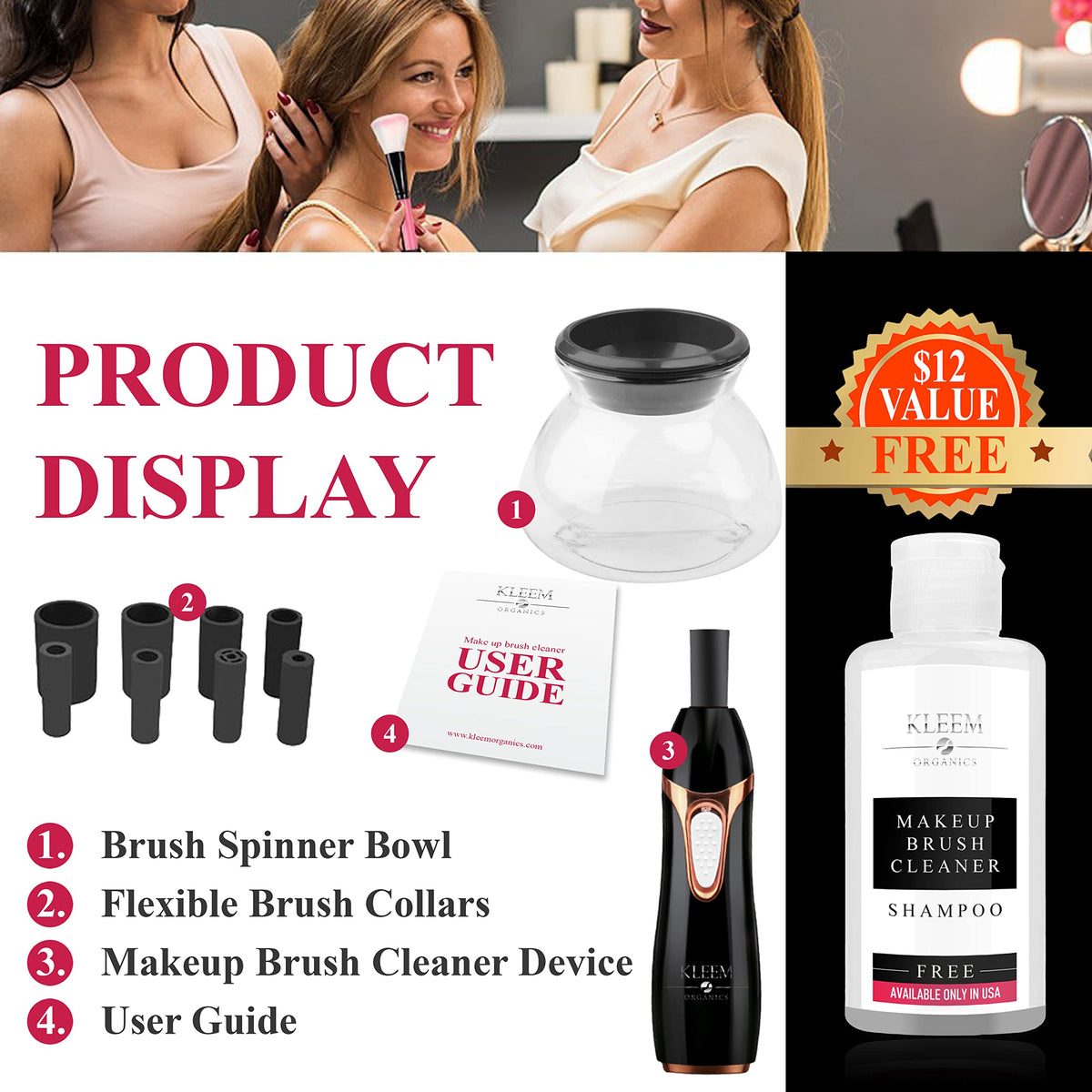 Kleem Electric Makeup Brush Cleaner Machine | Automatic Makeup Brush Washer & Spinning Dryer with Free Cleaner Shampoo | Dual-Fiber Bristles for Eyeshadow & Foundation | Made in USA | Black