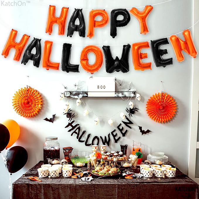 KatchOn, Happy Halloween Banner Balloons – 16 Inch, Pack of 14 | Orange and Black Foil Letters | Spooky Balloon Banner, Halloween Decor, Haunted House Decorations | Spooky One Birthday Decorations