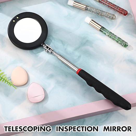 1 Pcs Telescoping Inspection Mirror Mechanics Automotive Tool with Long Handle Extendable Mirror on a Stick for Technicians Mechanics Contractors Checking Observation(Black,Round with Light)