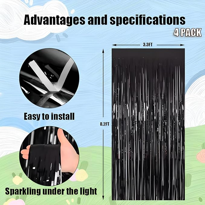 Valentines Day 4 Pack 3.3 * 8.3 ft Foil Curtain Metallic Tinsel Fringe Curtains Photo Booth Props Backdrop for Birthday Wedding Engagement Baby Shower Christmas Holiday Celebration Partyl,Black