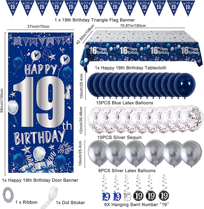 19th Birthday Decorations for Boys Men Girls, Blue Silver Happy 19th Birthday Decorations Boy with Bday Backdrop Banner Balloons Tablecloth Hanging Swirls Triangle Flag - 19 Year Old Party Supplies
