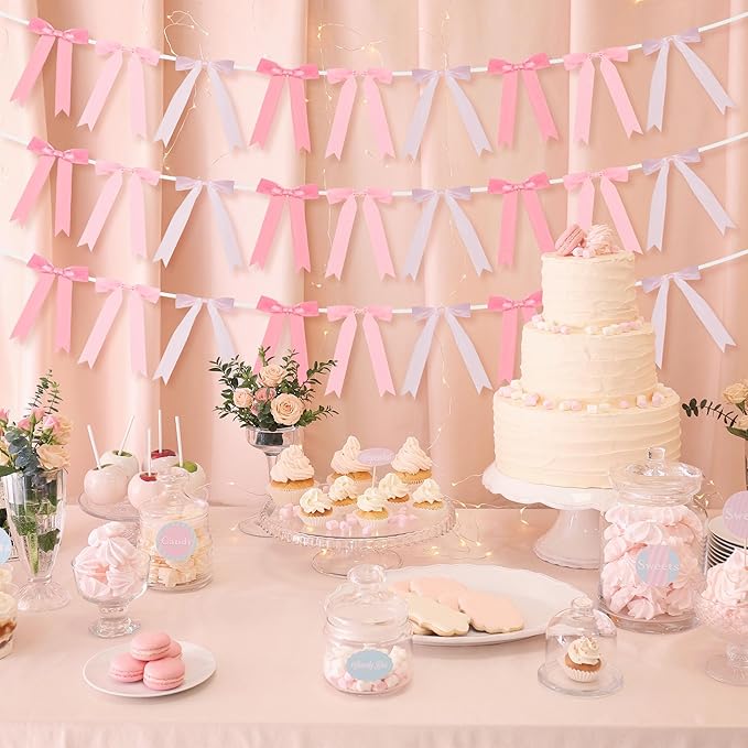 Haooryx Pre-Strung Pink Bow Garland Banner - 3pcs Coquette Bow Pink Ribbon Hanging Banner Garland for Girls Birthday Bridal Shower Wedding Bachelorette Party Decoration Home Wall Photo Props Supply