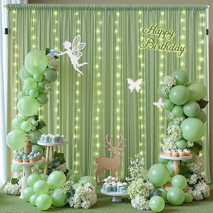 10 x 10ft Sage Green Backdrop Curtains with Lights String Green Polyester Photo Drapes Wrinkle Free Curtains Backdrop for Birthday Parties Wedding Reception Baby Shower Ceremony-5 x 10ft x 2P