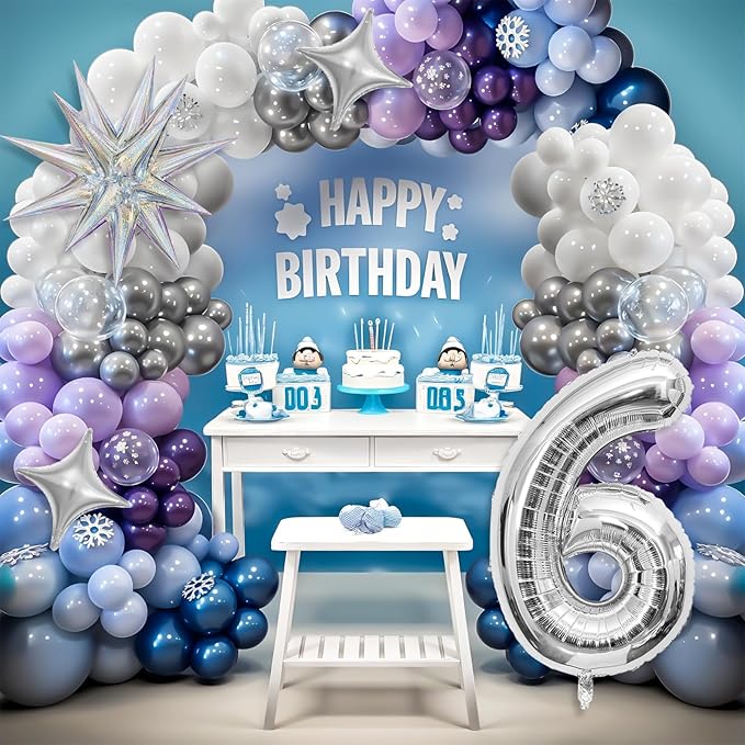 Snow 6th Birthday Decorations Girl, Snowflake Balloon Garland Arch Kit, Laser Explosion Star Balloons, Silver Number 6 Balloon Tower for Baby Shower Girls 6th Snow Theme Party Supplies