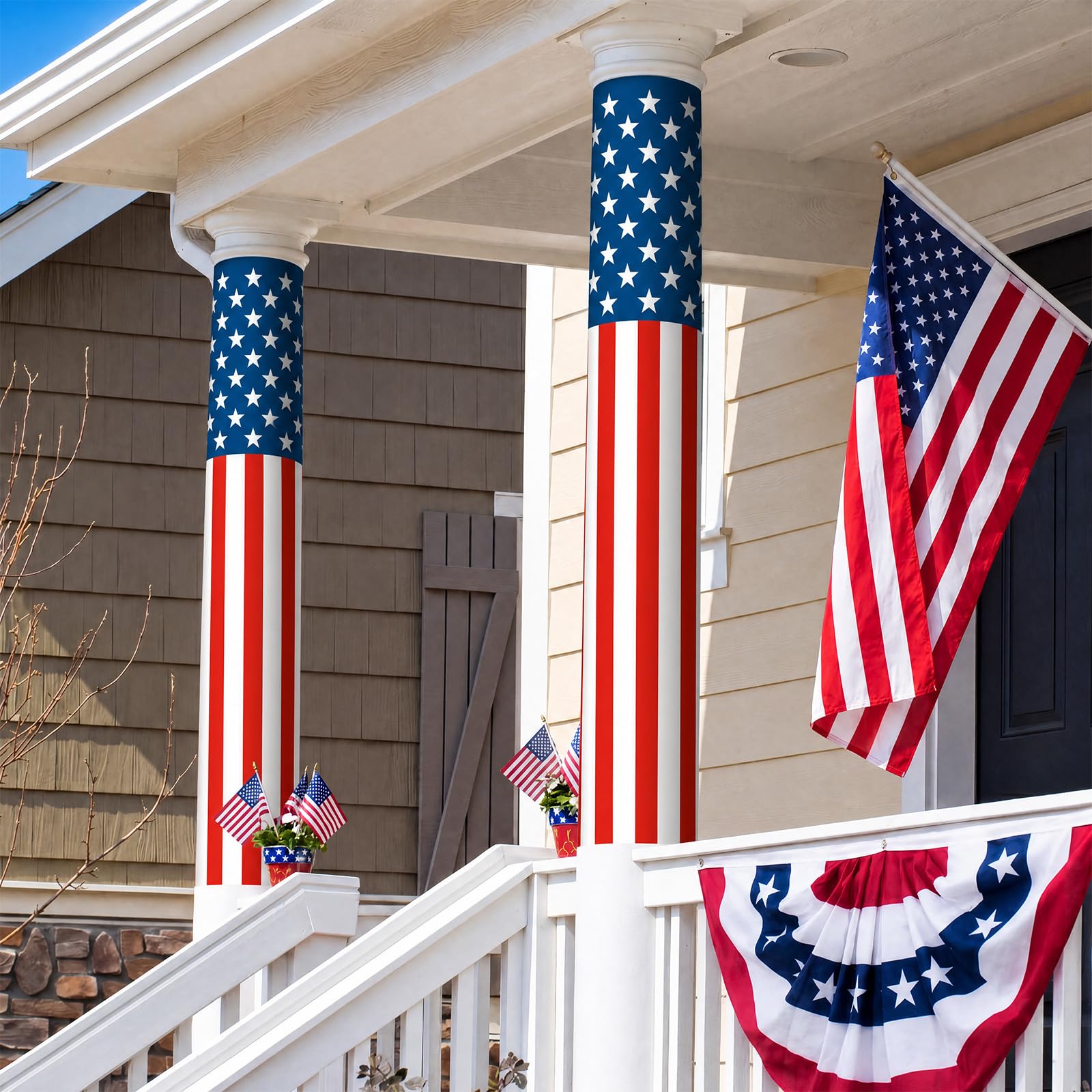 Frienda 4 Pack 4th of July American Flag Column Wraps 108 x 54 Inch Striped Porch Independence Day Column Wraps with 1 Roll Tape Disposable Pillar Wrap for Independence Day Party Outdoor Decor