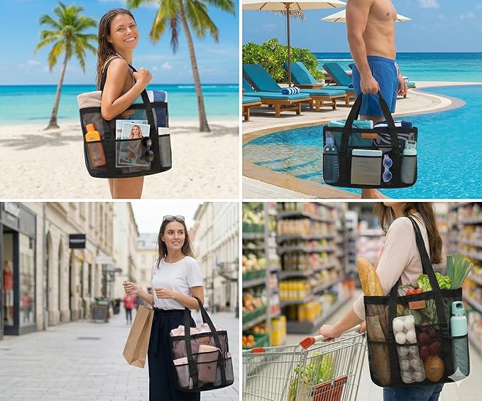 Mesh Beach Bags for Family - Women Beach Tote Bag for Toys, Towels, Travel Vacation Cruise Essentials